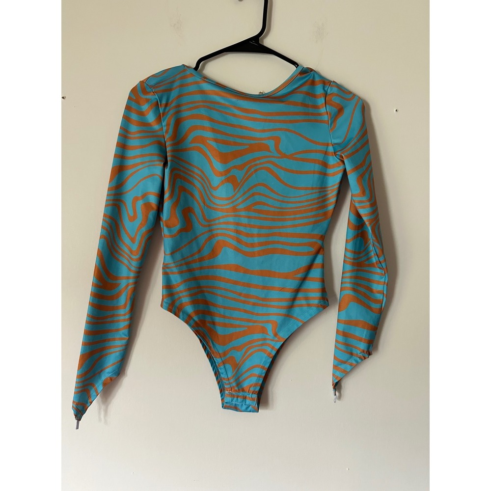 Wavy Zebra Print Long Sleeve Open Back Bodysuit Teal Orange Finger Loops S/M